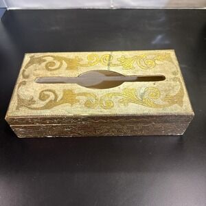 VTG Italian Florentine Gold Gilt/Cream/Green Wood Tissue Box Hollywood Regency